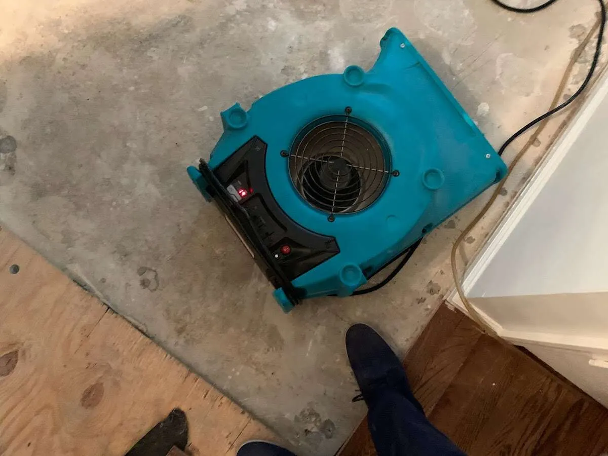 Air mover drying subfloor during Commercial Water Damage Restoration in City of Orange